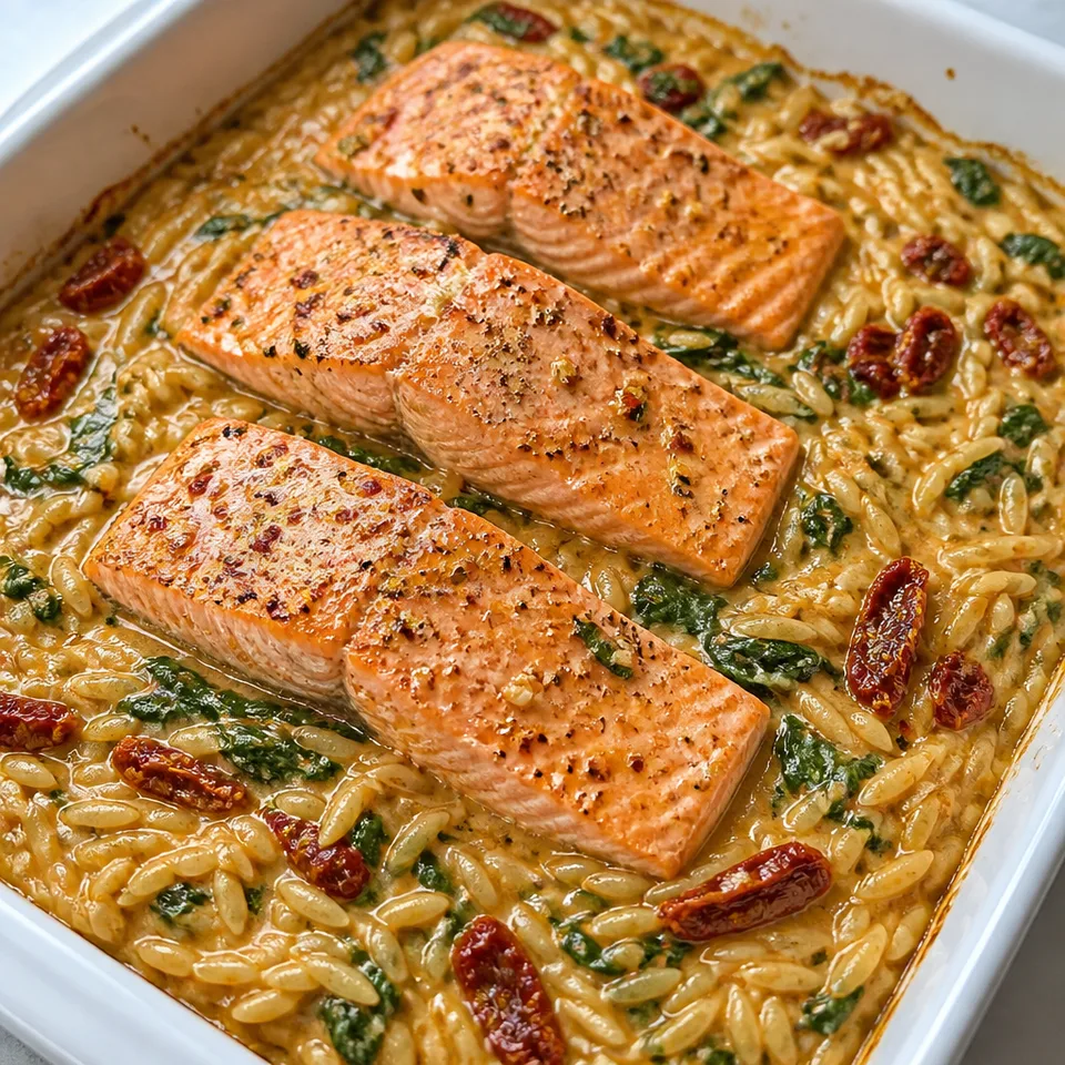 Sun-dried Tomato Baked Salmon Orzo Recipe — serving inspiration