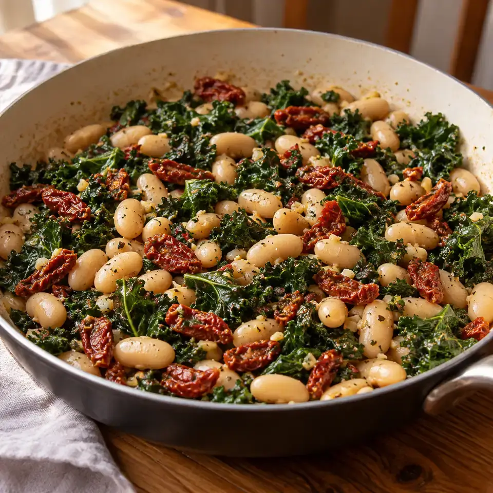 Sun Dried Tomato, Kale, and White Bean Skillet — serving inspiration