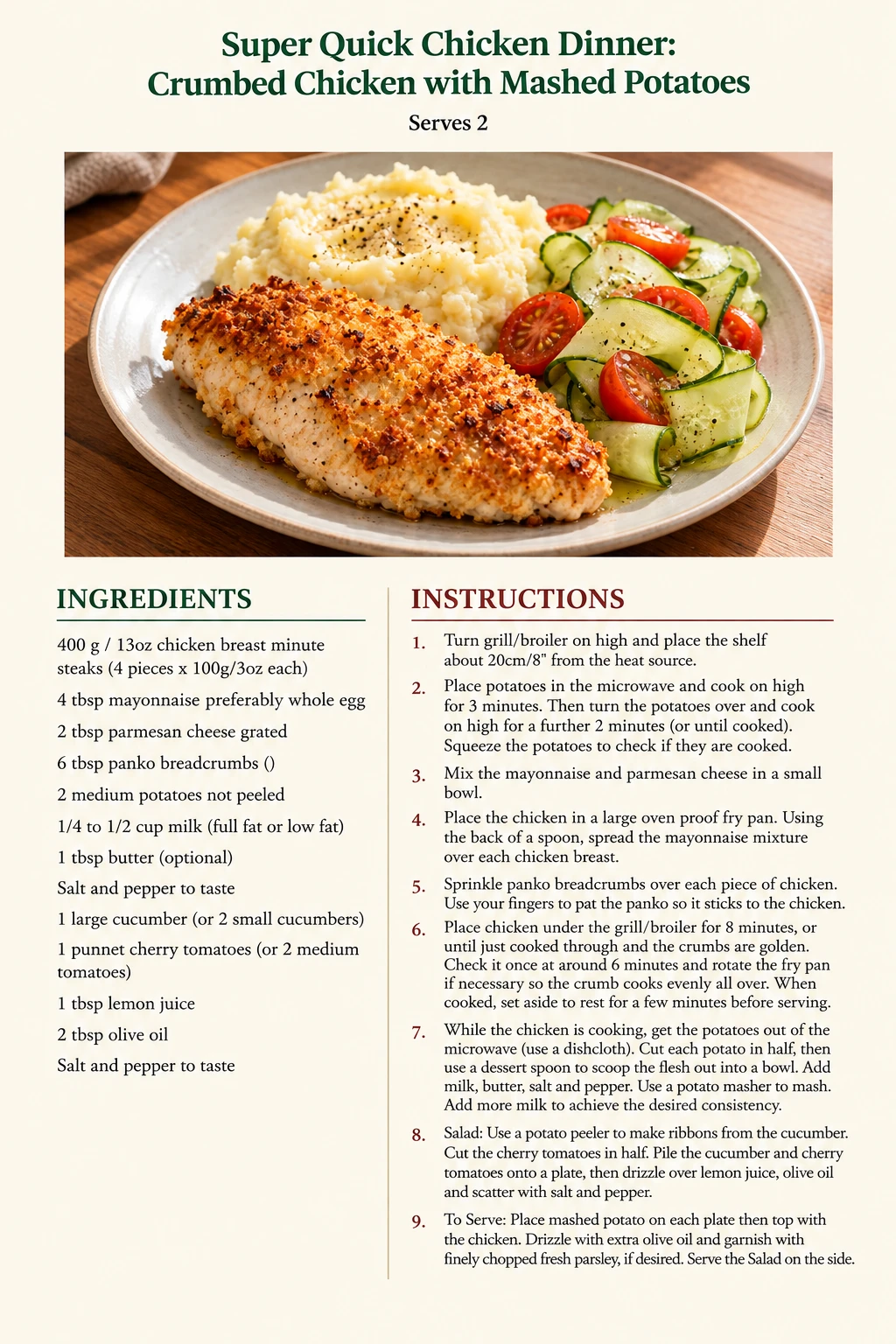 Saved Super Quick Chicken Dinner: Crumbed Chicken with Mashed Potatoes recipe card; accessible ingredients and instructions are listed above.