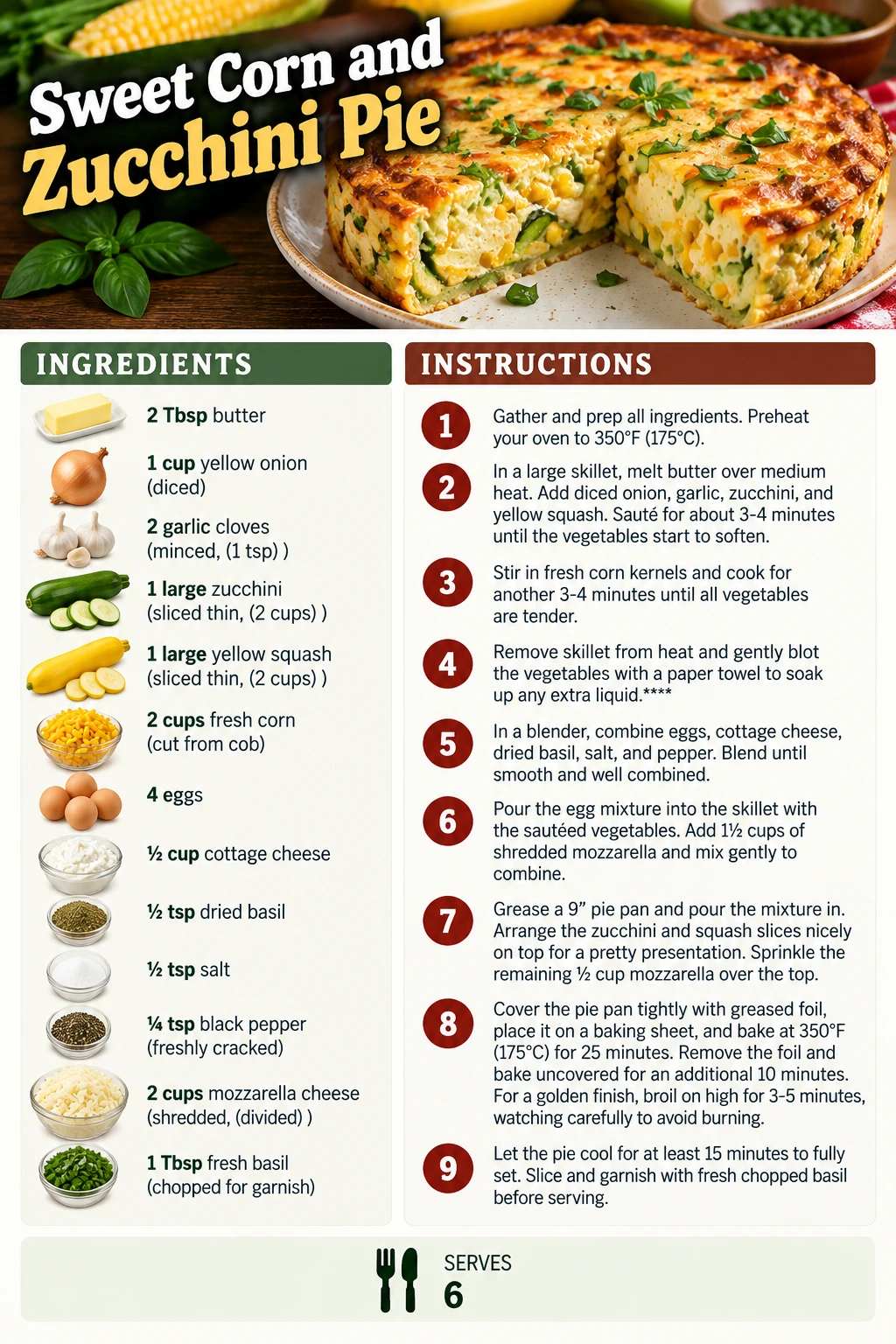 Saved Sweet Corn and Zucchini Pie recipe card; accessible ingredients and instructions are listed above.