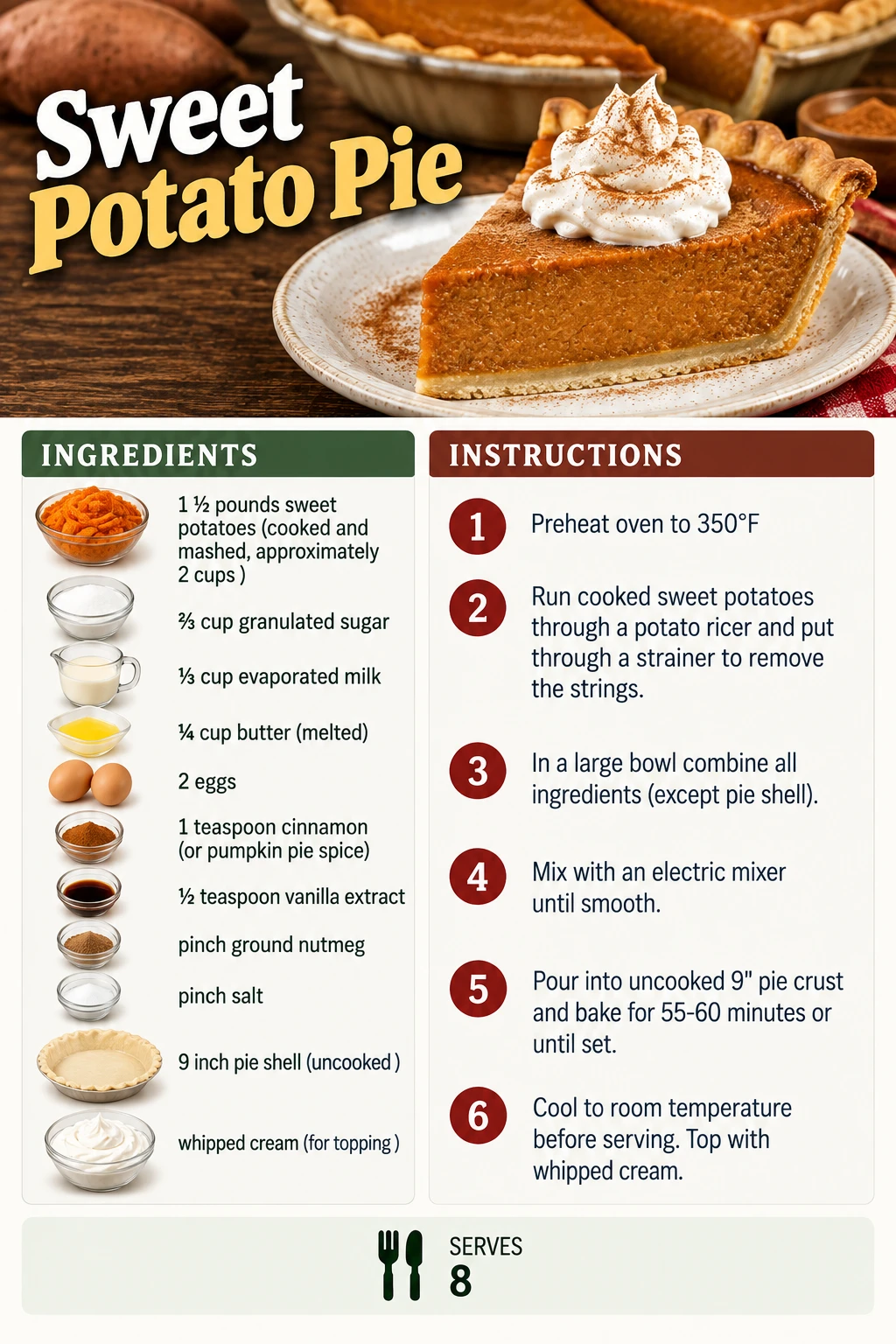Saved Sweet Potato Pie recipe card; accessible ingredients and instructions are listed above.