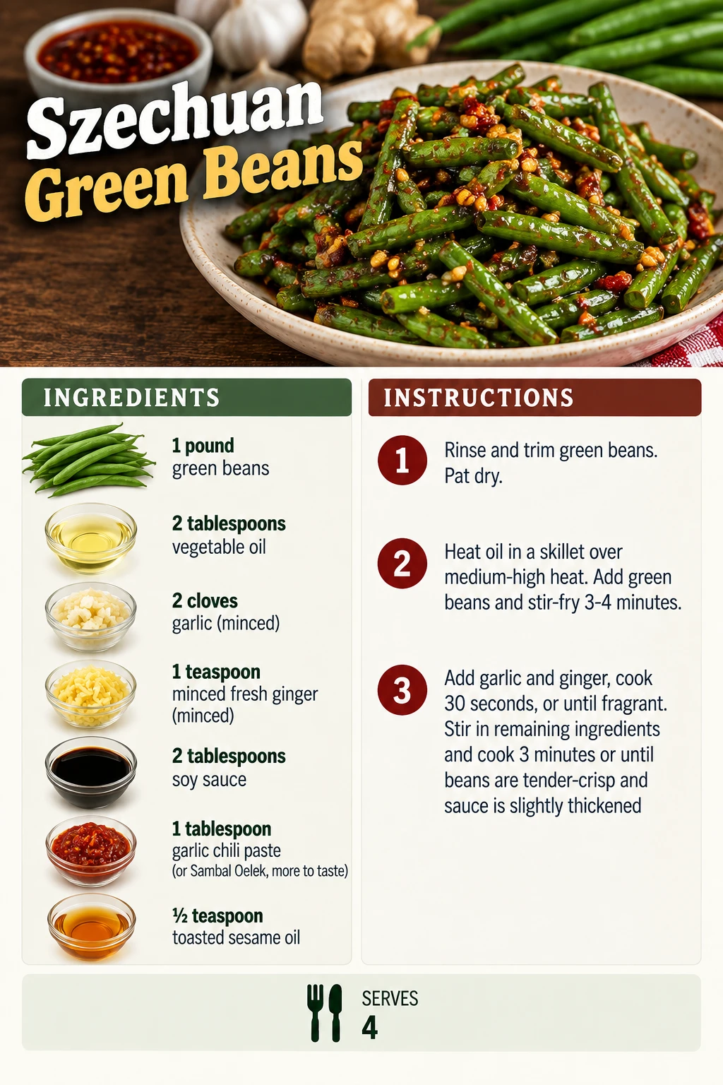Saved Szechuan Green Beans recipe card; accessible ingredients and instructions are listed above.