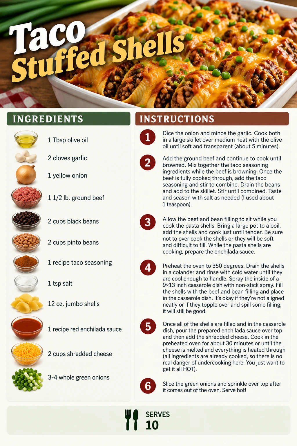 Saved Taco Stuffed Shells recipe card; accessible ingredients and instructions are listed above.