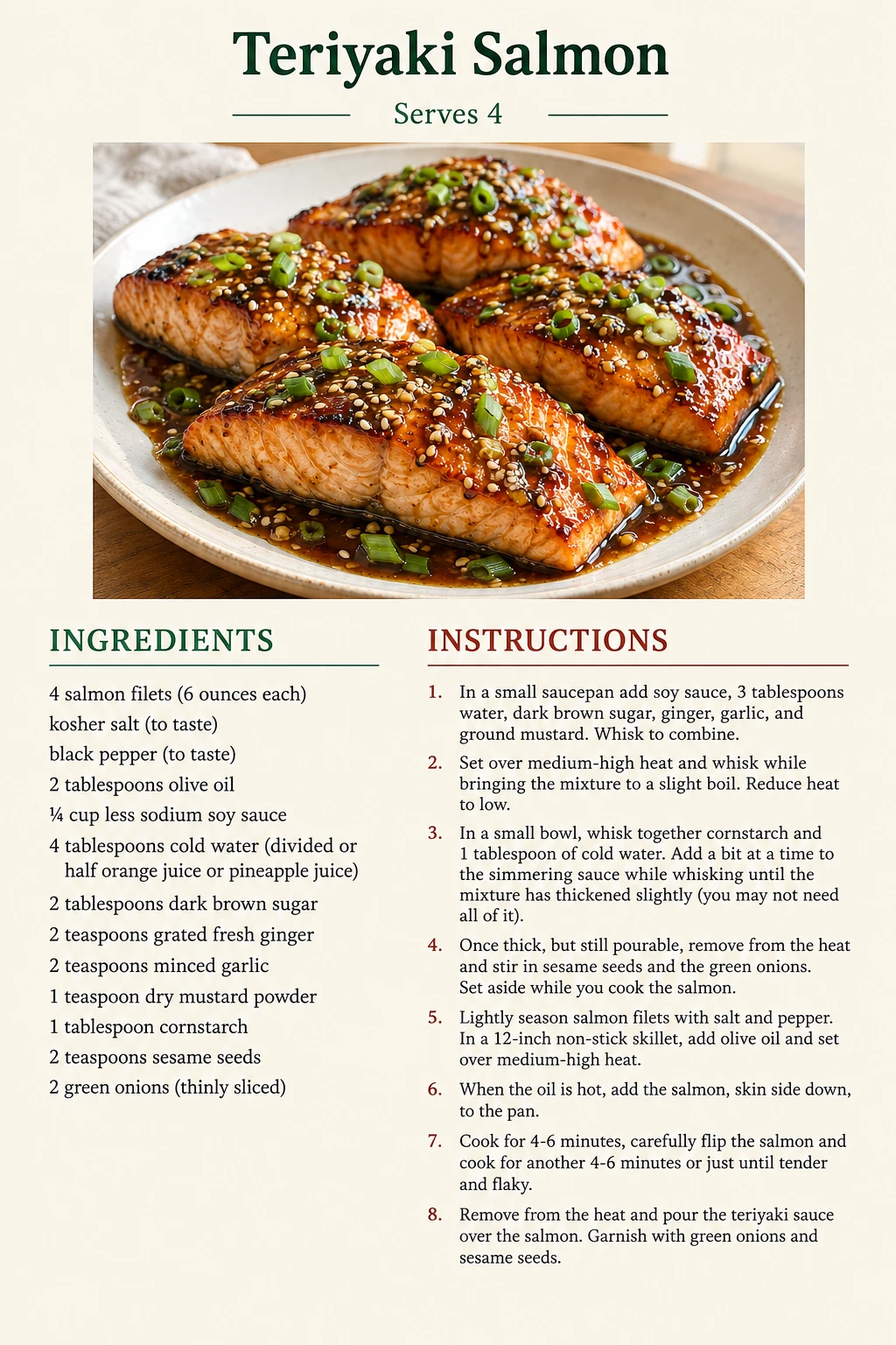 Saved Teriyaki Salmon recipe card; accessible ingredients and instructions are listed above.