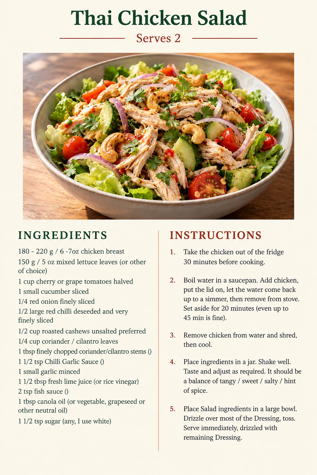 Saved Thai Chicken Salad recipe card; accessible ingredients and instructions are listed above.