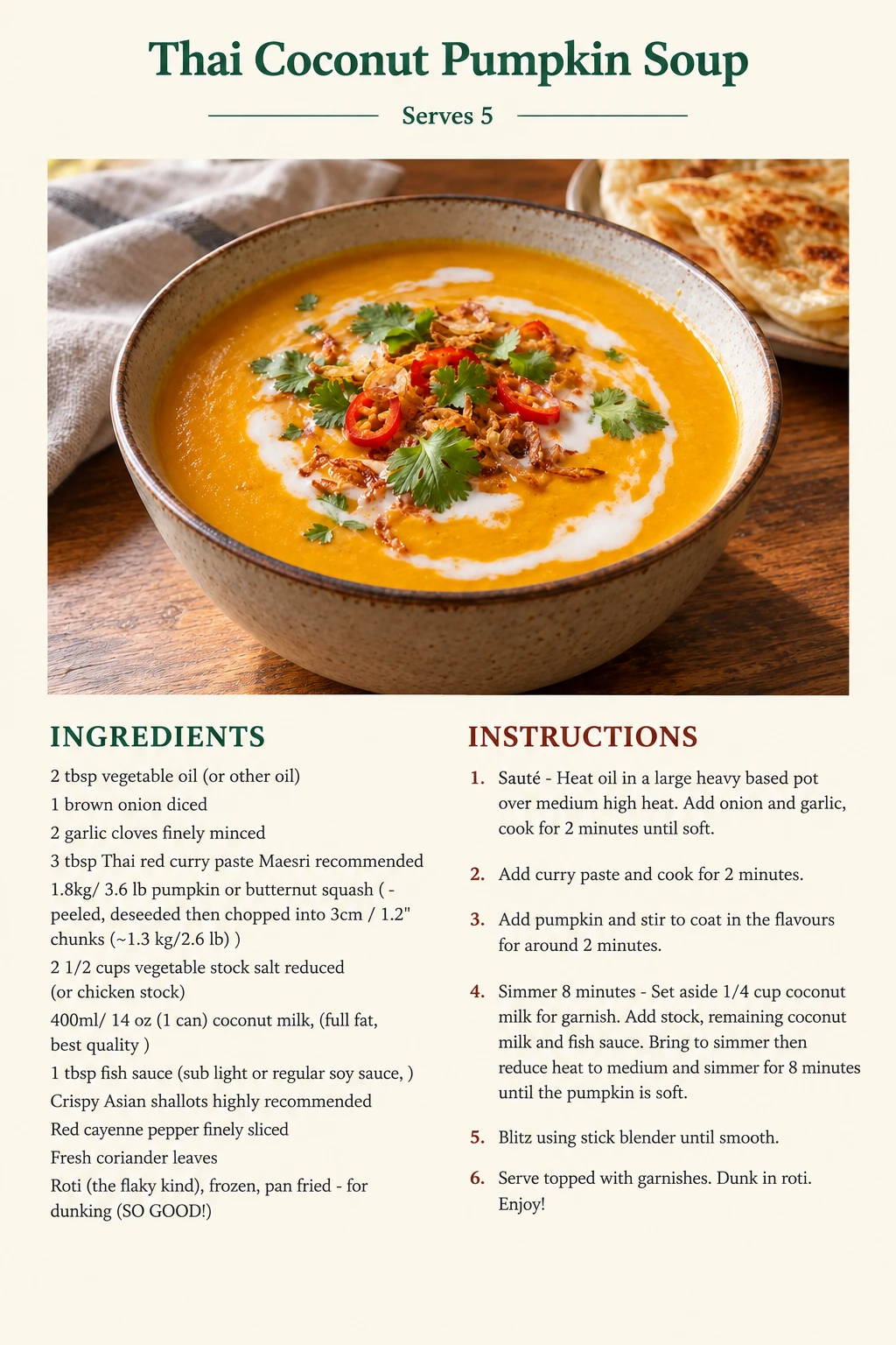 Saved Thai Coconut Pumpkin Soup recipe card; accessible ingredients and instructions are listed above.
