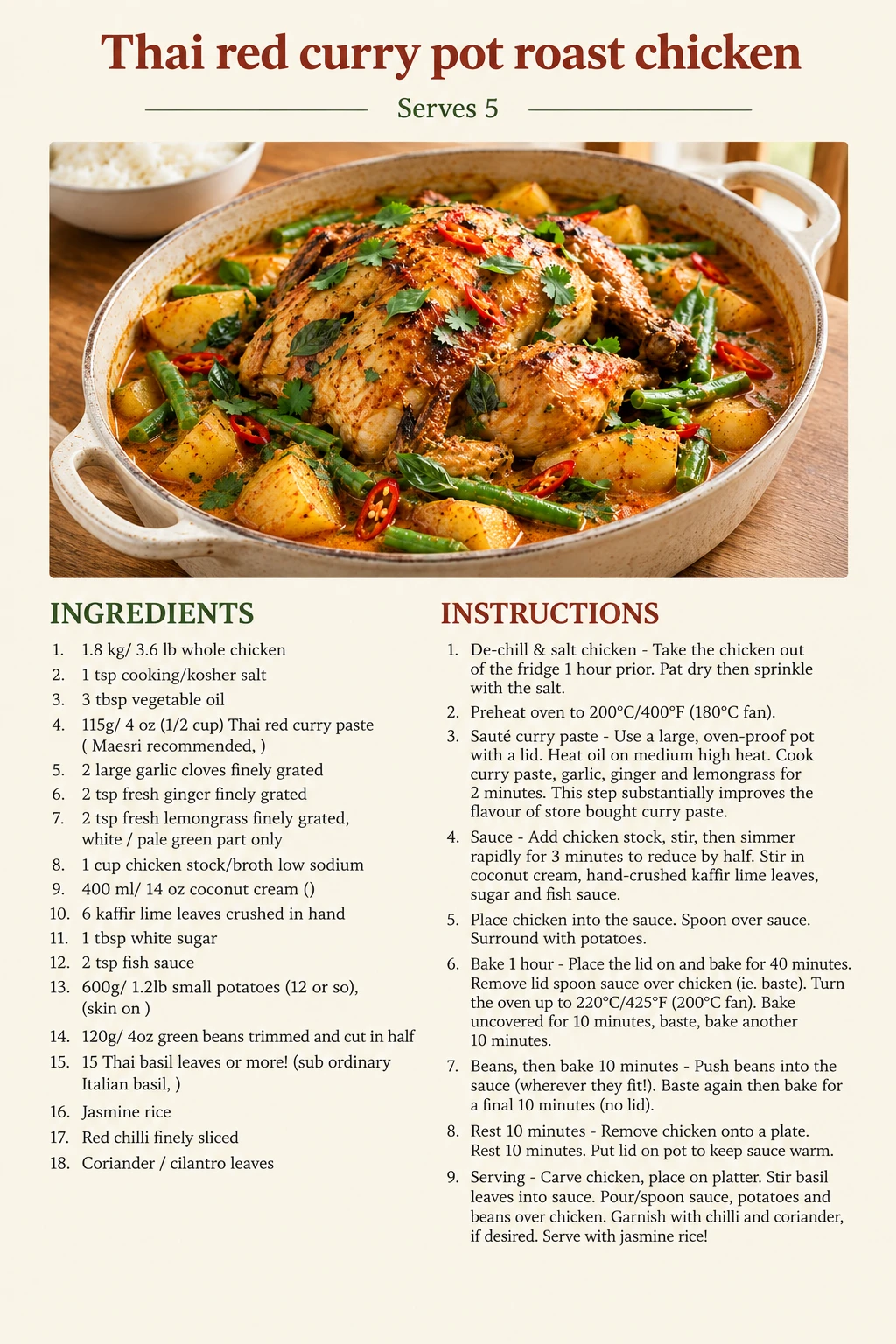 Saved Thai red curry pot roast chicken recipe card; accessible ingredients and instructions are listed above.