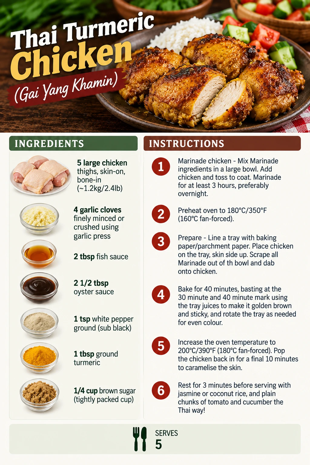 Saved Thai Turmeric Chicken (Gai Yang Khamin) recipe card; accessible ingredients and instructions are listed above.