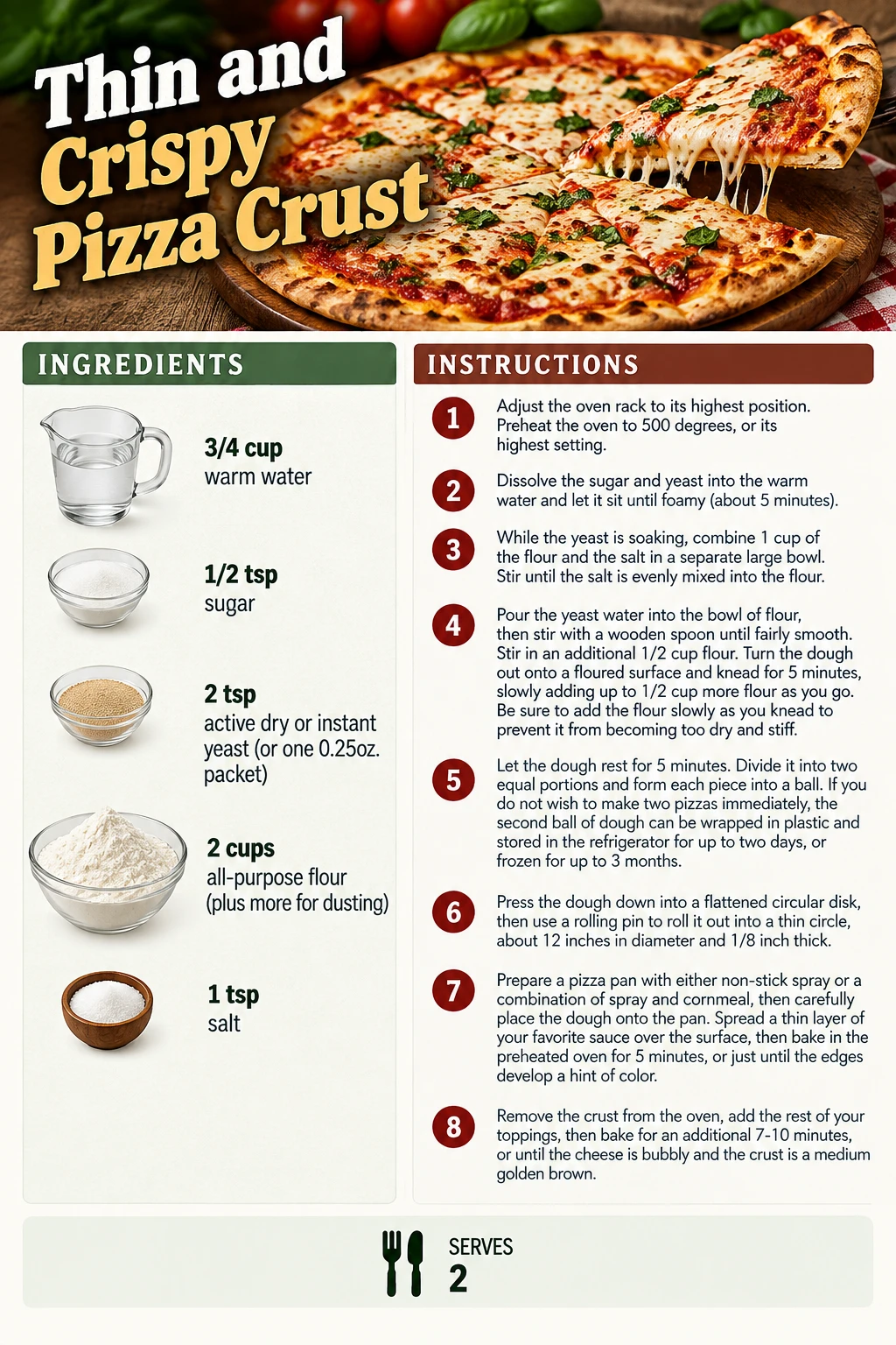 Saved Thin and Crispy Pizza Crust recipe card; accessible ingredients and instructions are listed above.