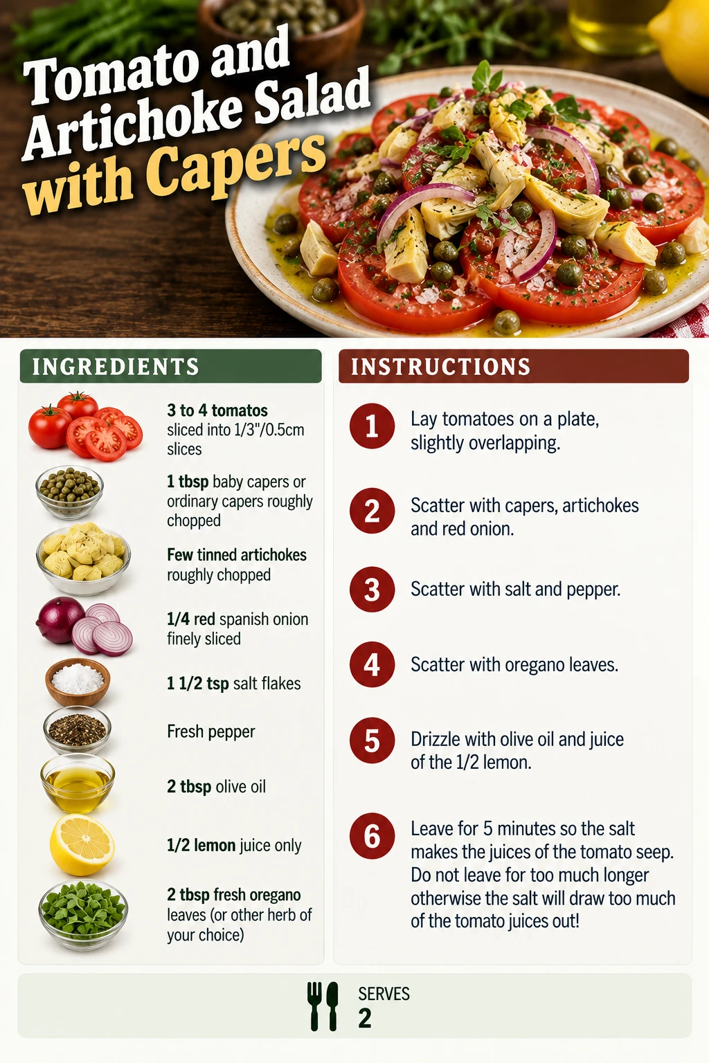 Saved Tomato and Artichoke Salad with Capers recipe card; accessible ingredients and instructions are listed above.