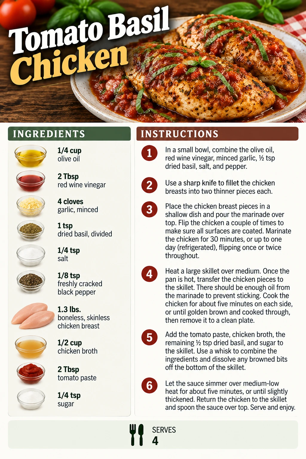 Saved Tomato Basil Chicken recipe card; accessible ingredients and instructions are listed above.