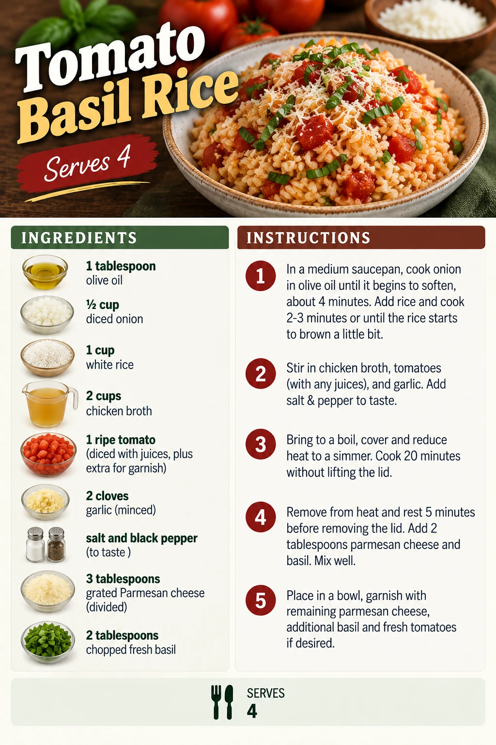 Saved Tomato Basil Rice recipe card; accessible ingredients and instructions are listed above.
