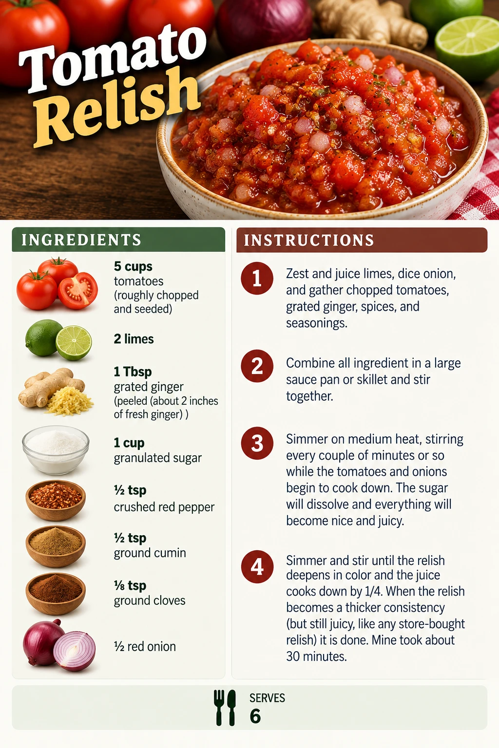 Saved Tomato Relish recipe card; accessible ingredients and instructions are listed above.