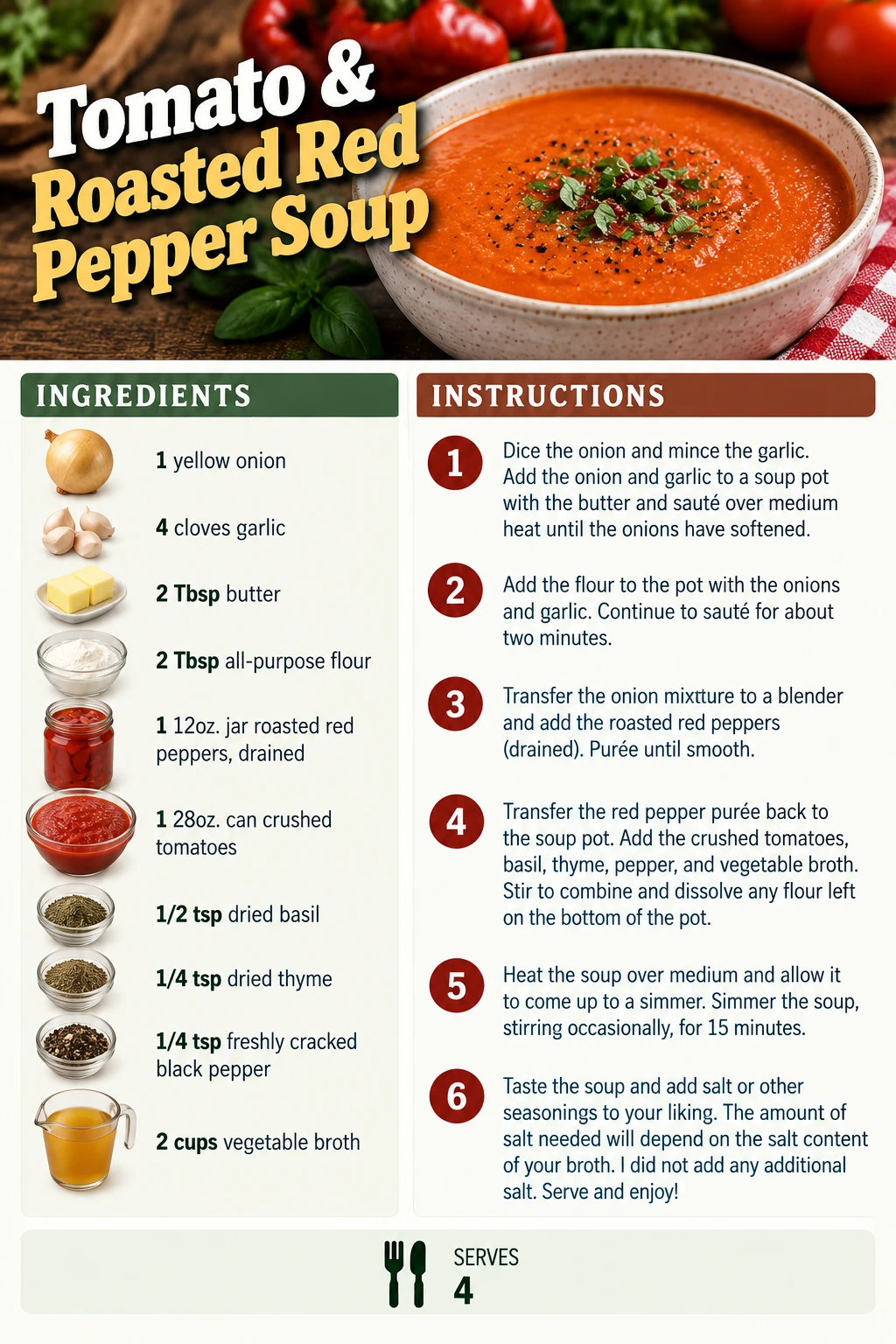 Saved Tomato & Roasted Red Pepper Soup recipe card; accessible ingredients and instructions are listed above.