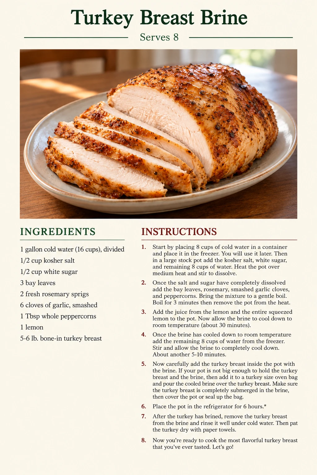 Saved Turkey Breast Brine recipe card; accessible ingredients and instructions are listed above.