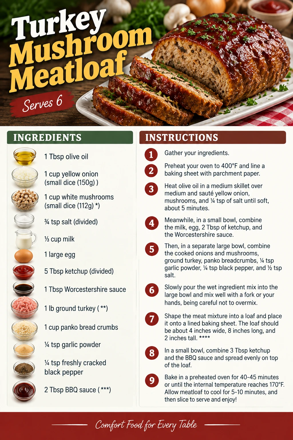 Saved Turkey Mushroom Meatloaf recipe card; accessible ingredients and instructions are listed above.