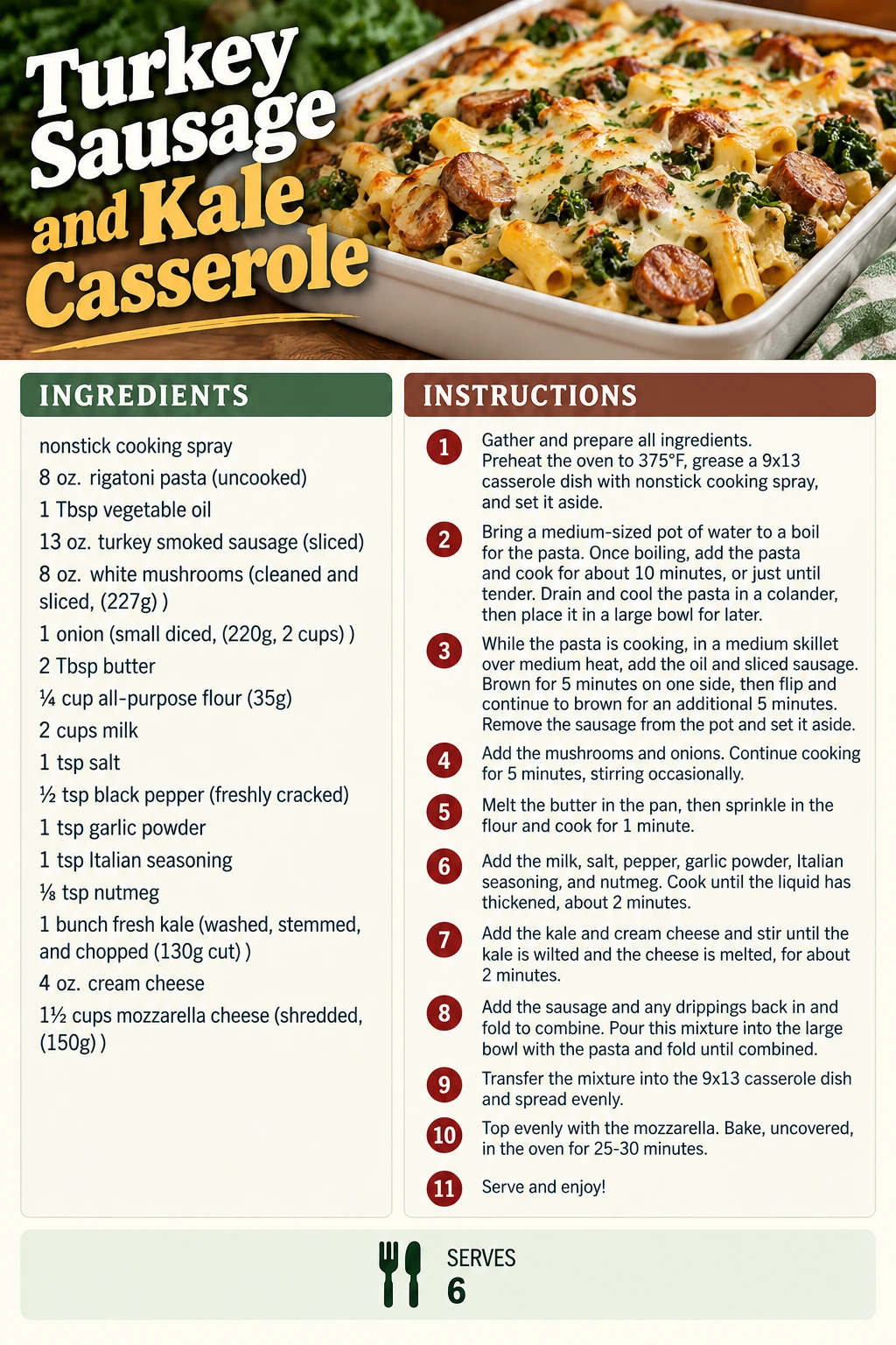 Saved Turkey Sausage and Kale Casserole recipe card; accessible ingredients and instructions are listed above.