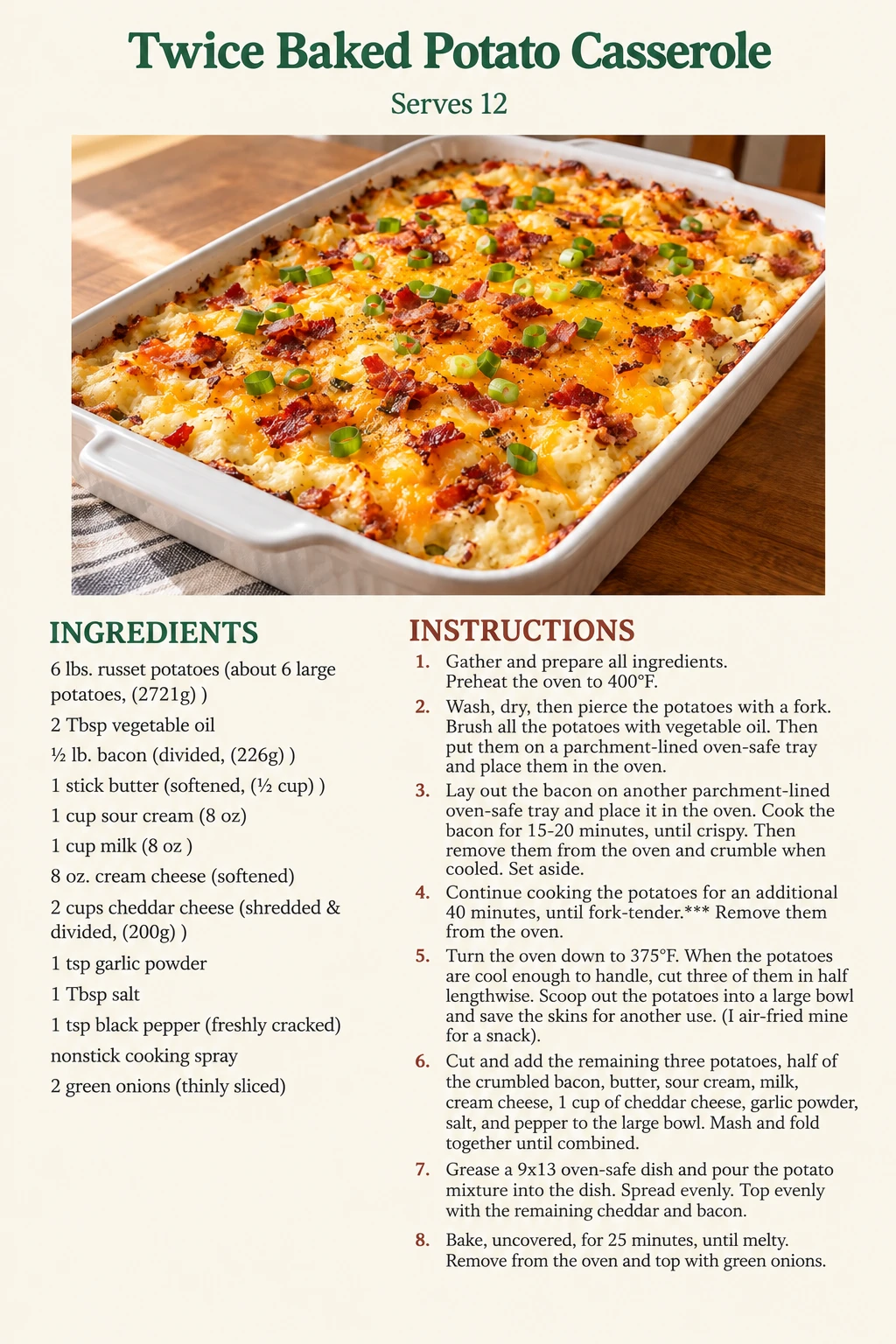 Saved Twice Baked Potato Casserole recipe card; accessible ingredients and instructions are listed above.