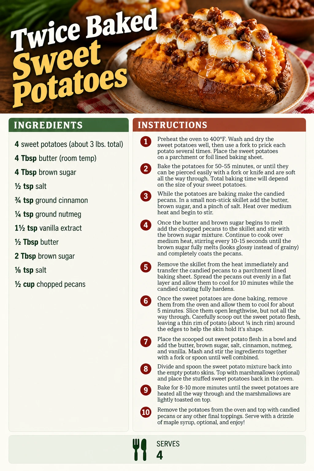 Saved Twice Baked Sweet Potatoes recipe card; accessible ingredients and instructions are listed above.