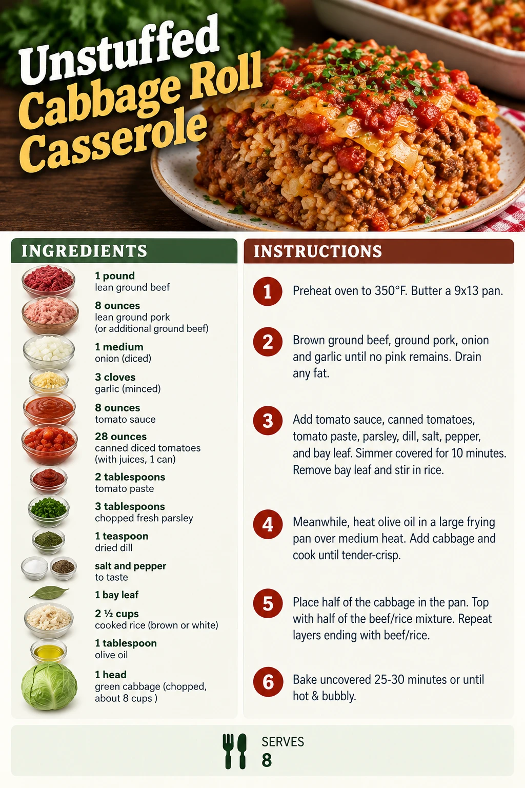 Saved Unstuffed Cabbage Roll Casserole recipe card; accessible ingredients and instructions are listed above.