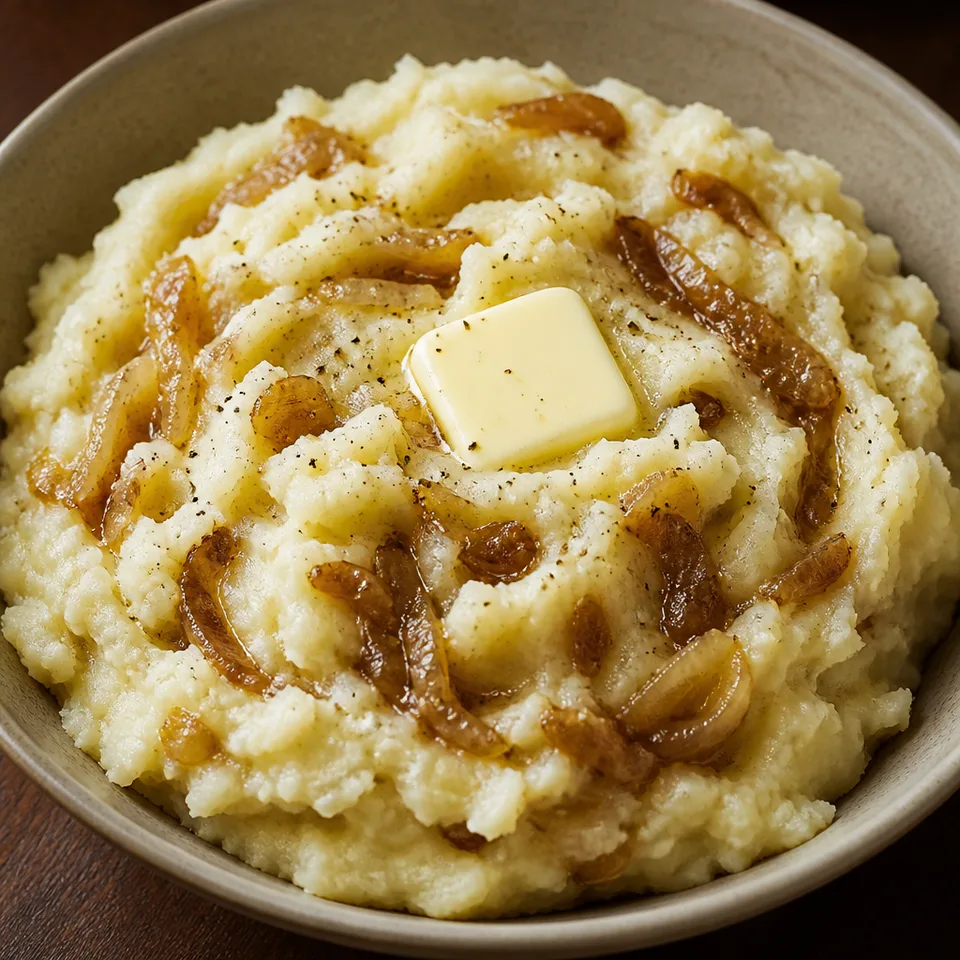 Vegan Garlic Mashed Potatoes with Caramelised Onions — serving inspiration