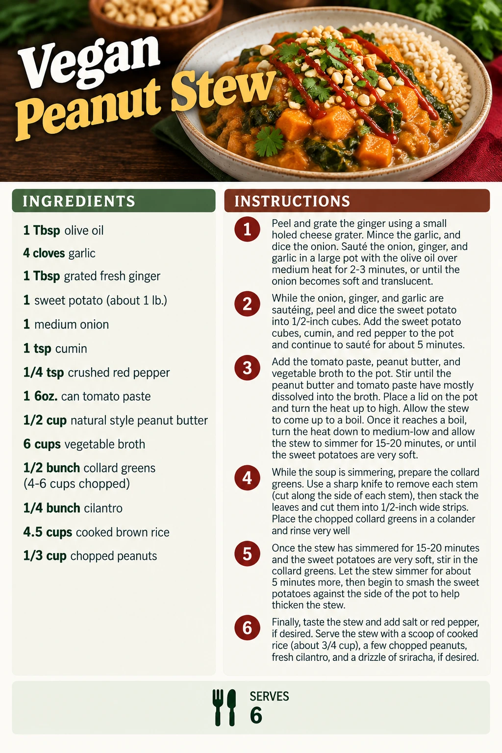 Saved Vegan Peanut Stew recipe card; accessible ingredients and instructions are listed above.