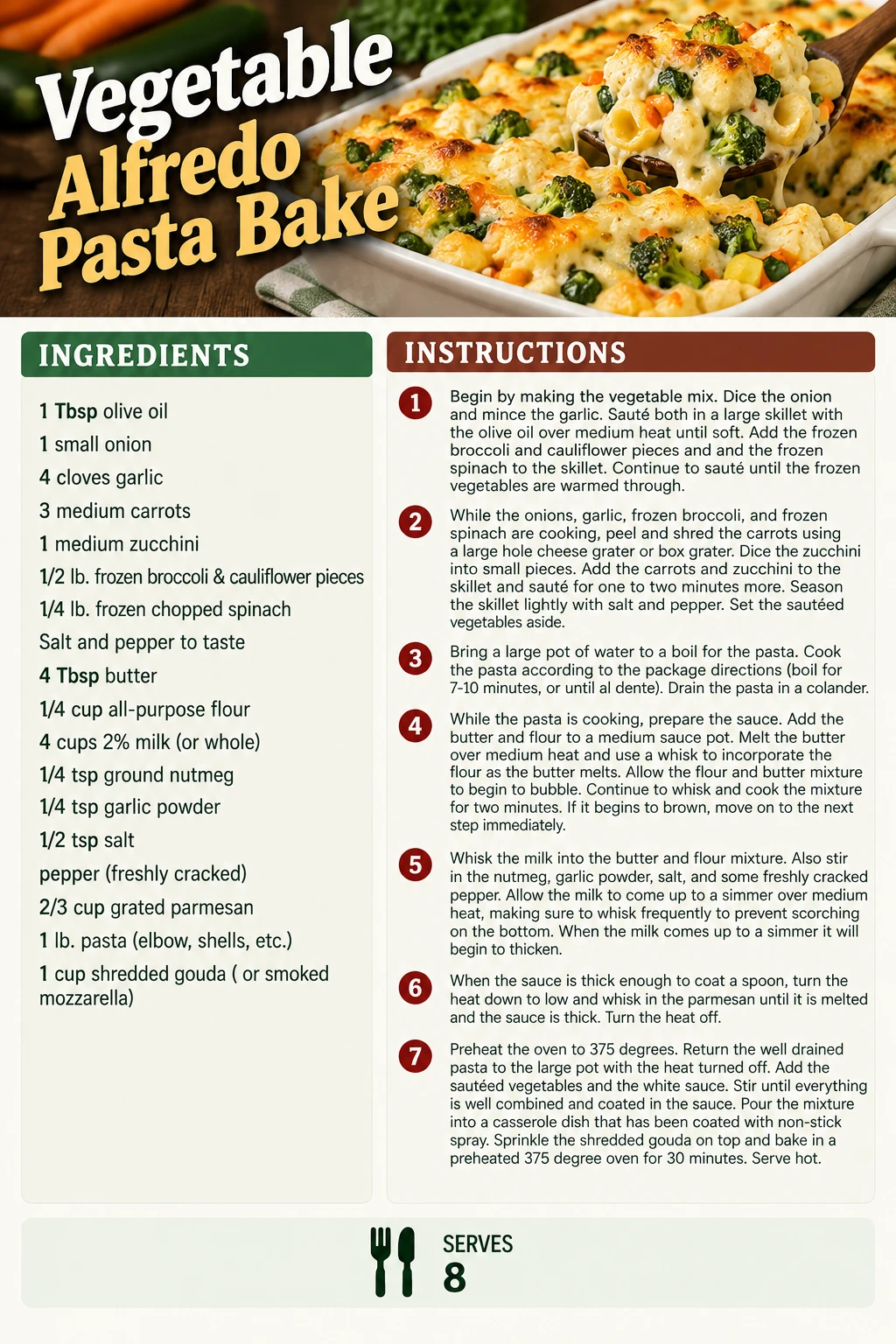 Saved Vegetable Alfredo Pasta Bake recipe card; accessible ingredients and instructions are listed above.