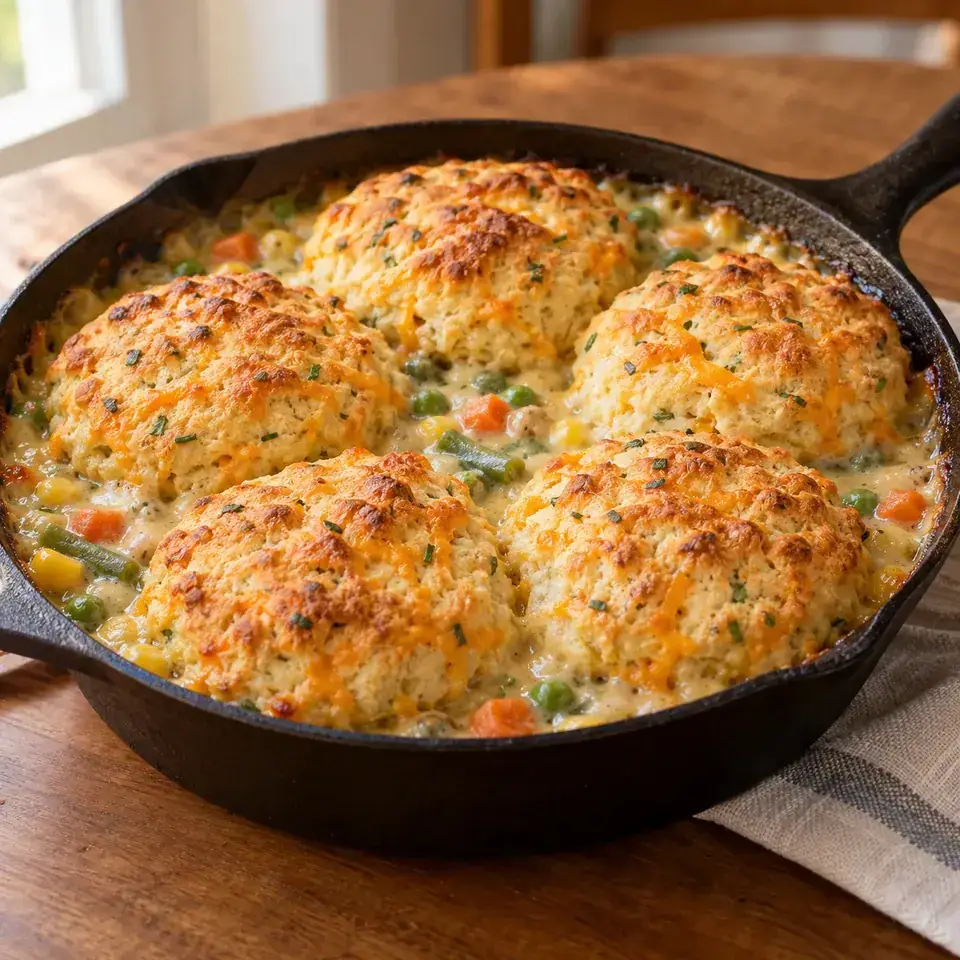 Vegetable Pot Pie Skillet with Cheddar Biscuit Topping — serving inspiration