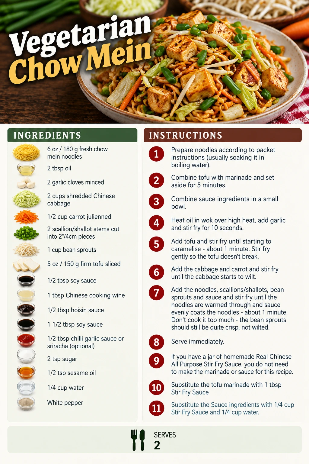 Saved Vegetarian Chow Mein recipe card; accessible ingredients and instructions are listed above.