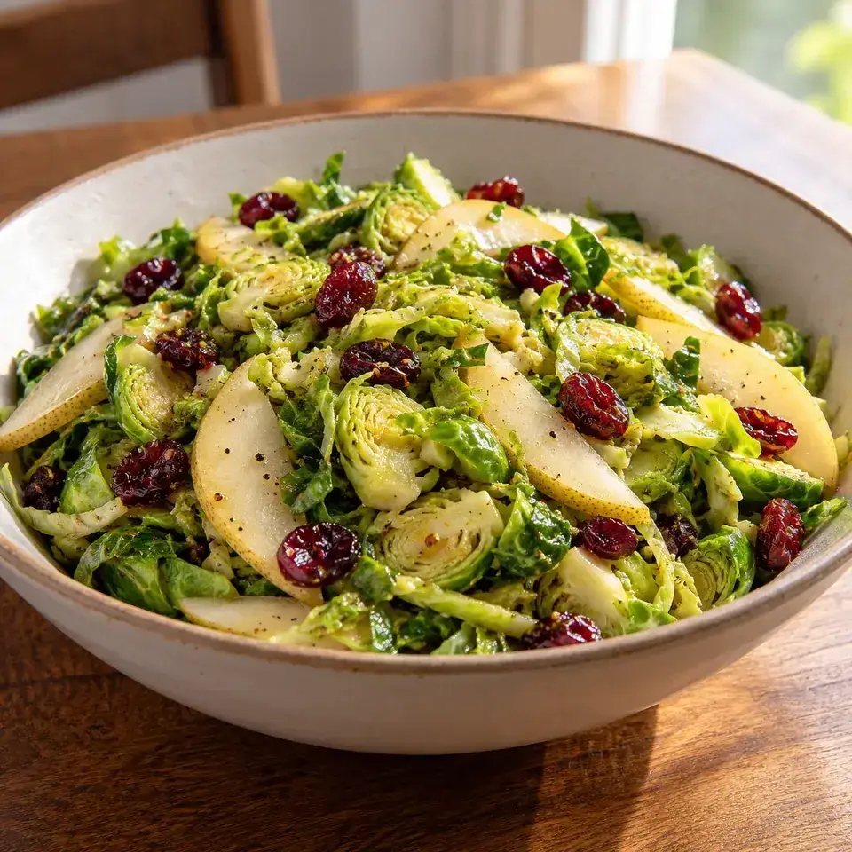 Warm Brussels Sprouts and Pear Salad with Dijon Vinaigrette — serving inspiration