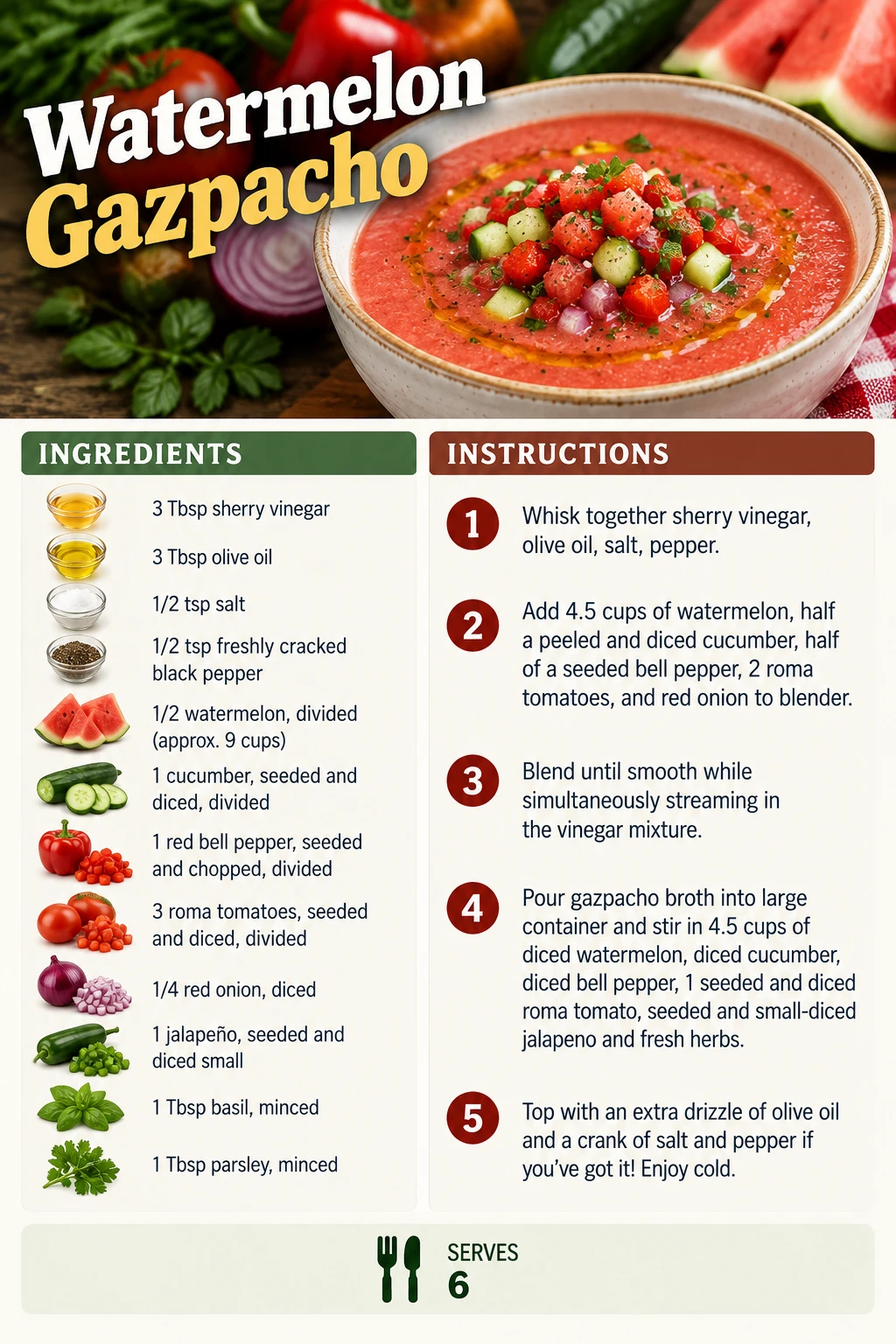 Saved Watermelon Gazpacho recipe card; accessible ingredients and instructions are listed above.