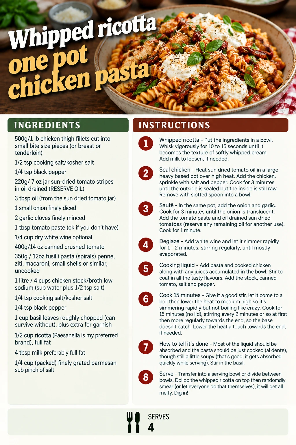 Saved Whipped ricotta one pot chicken pasta recipe card; accessible ingredients and instructions are listed above.