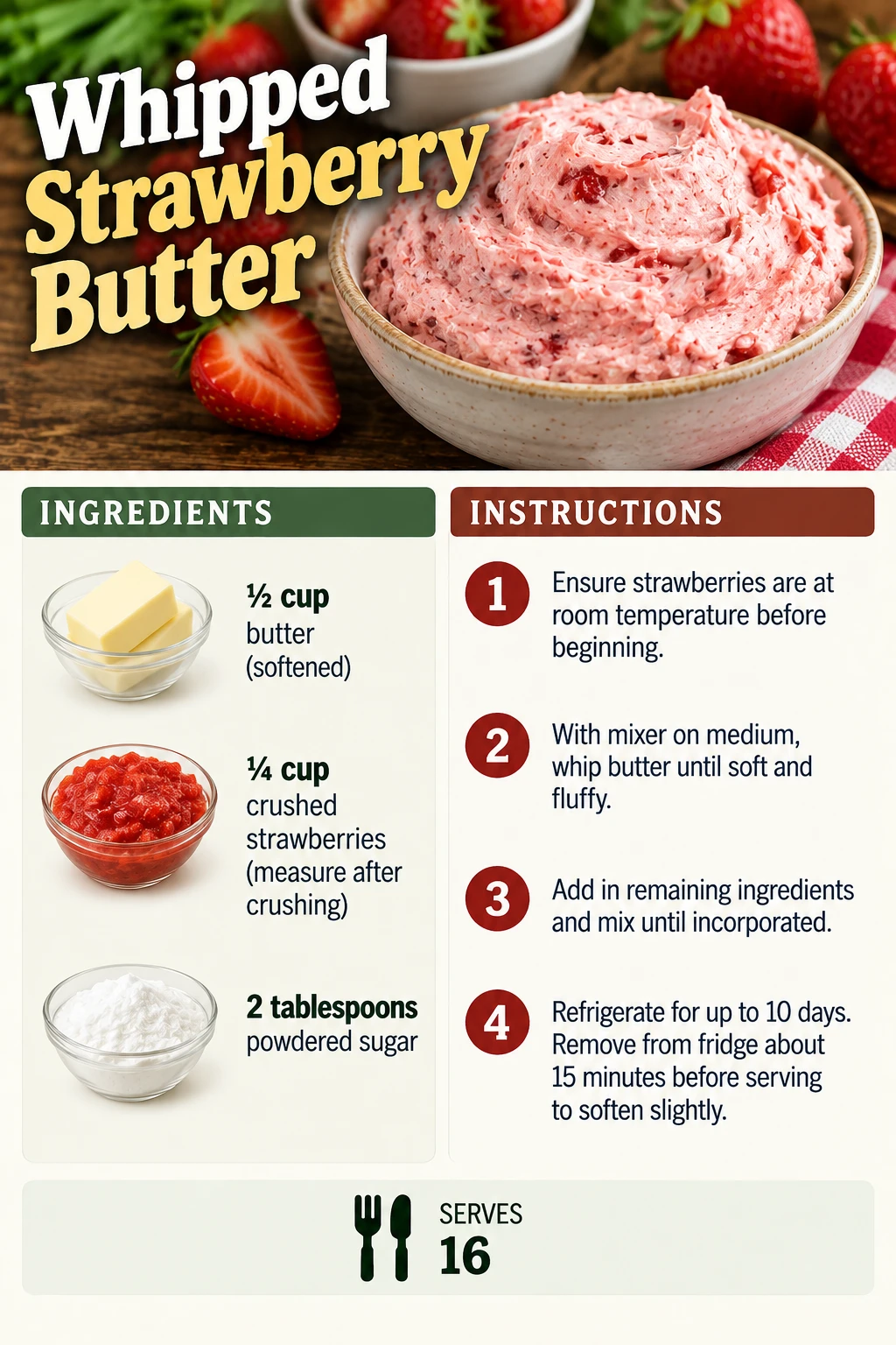 Saved Whipped Strawberry Butter recipe card; accessible ingredients and instructions are listed above.