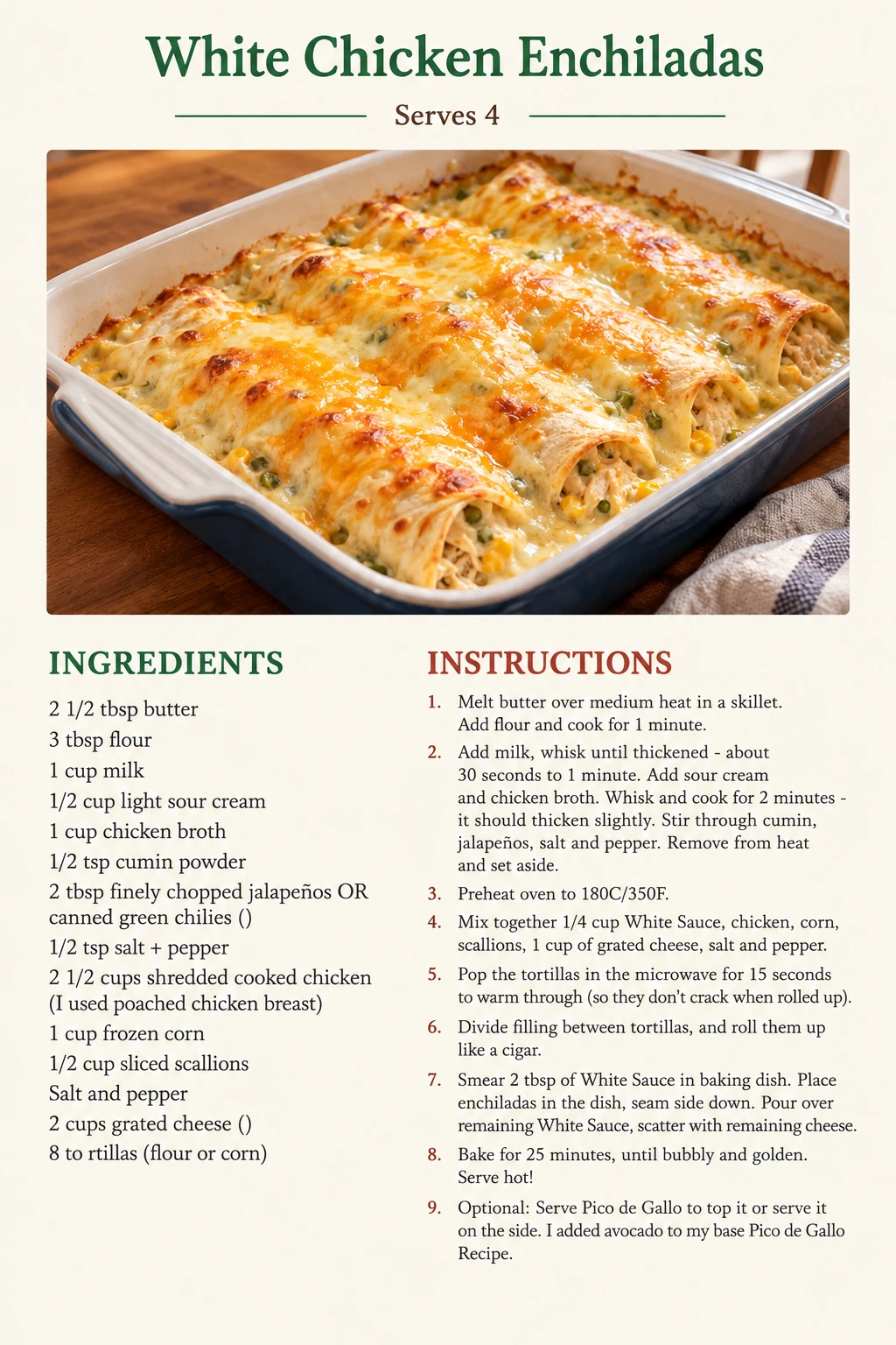 Saved White Chicken Enchiladas recipe card; accessible ingredients and instructions are listed above.