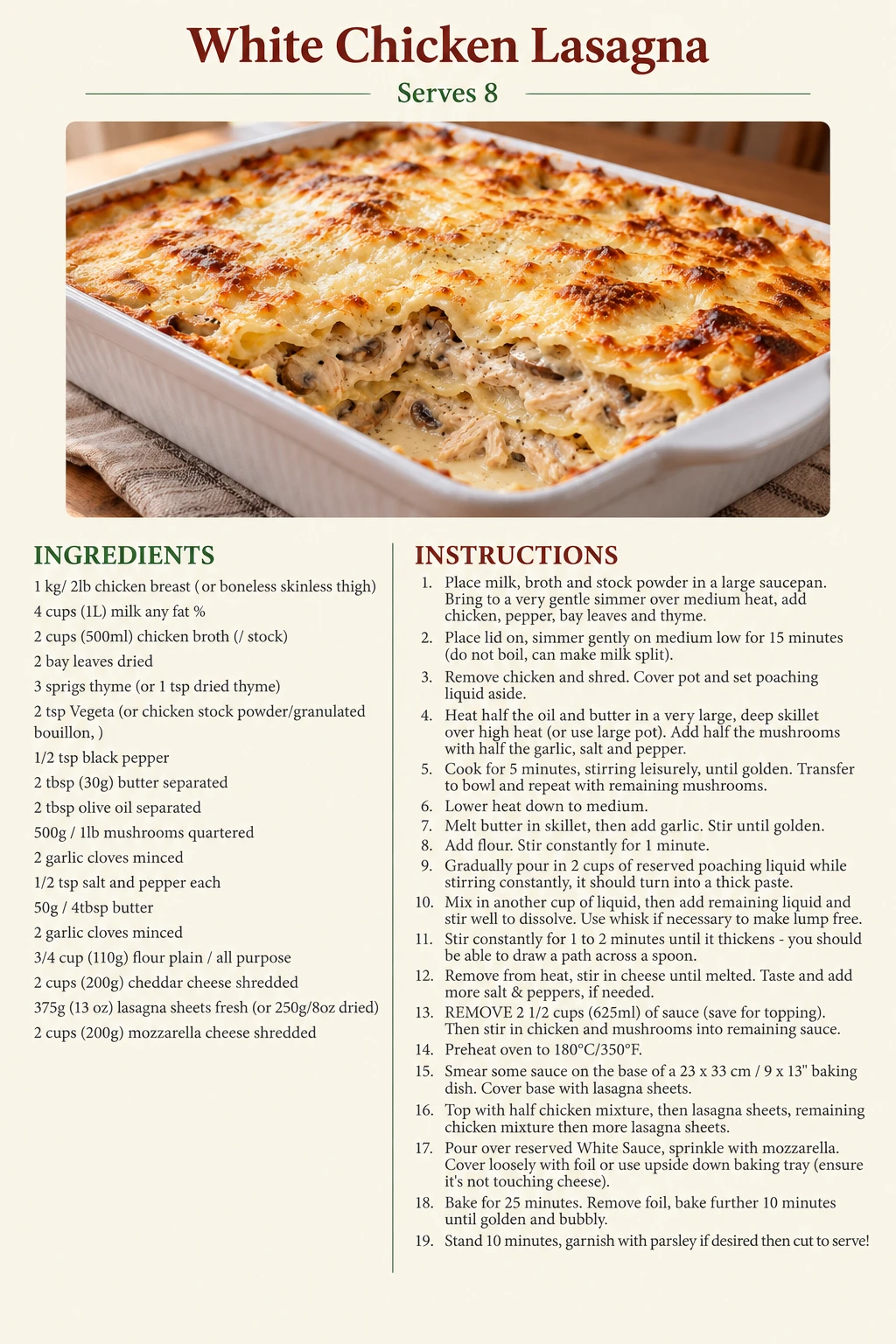 Saved White Chicken Lasagna recipe card; accessible ingredients and instructions are listed above.