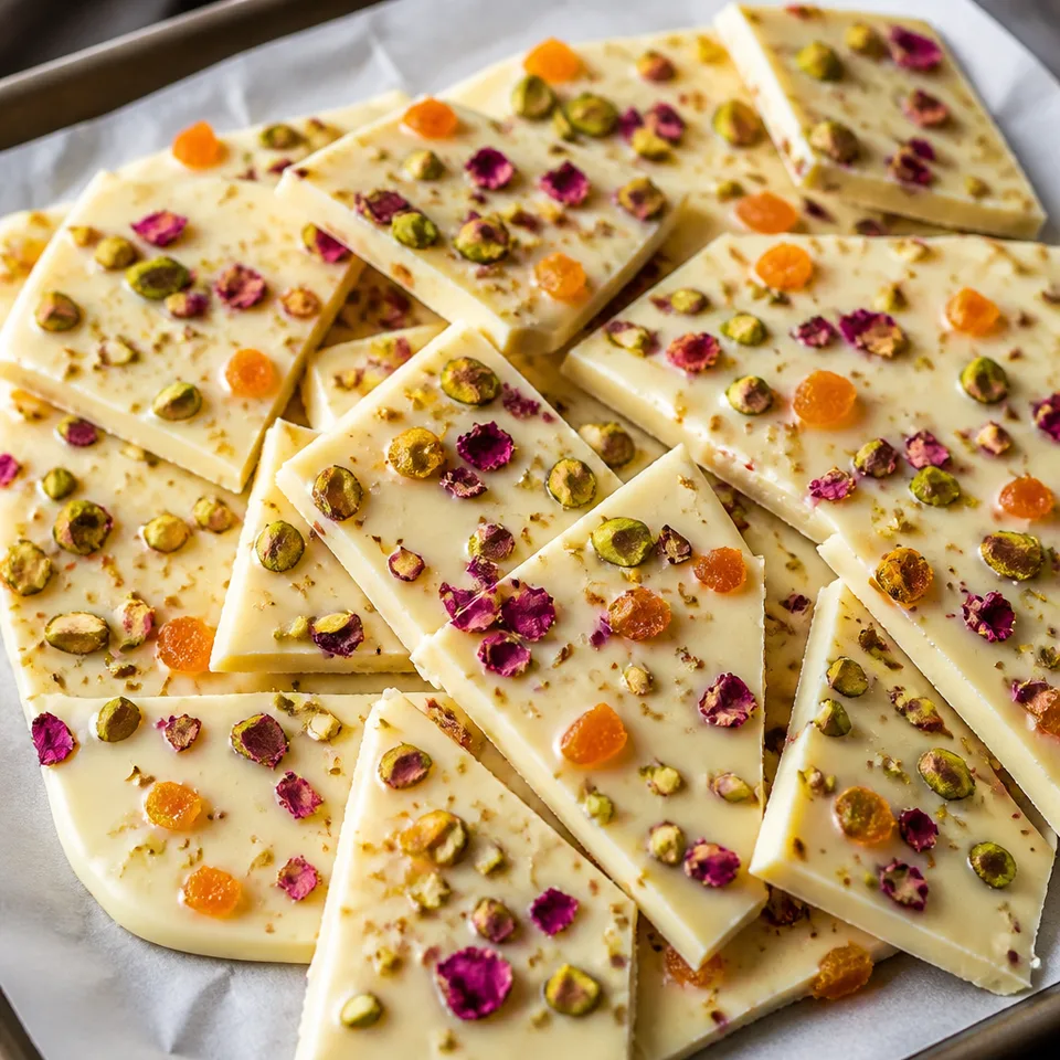 White Chocolate Bark with Cardamom, Rose, and Pistachios — serving inspiration