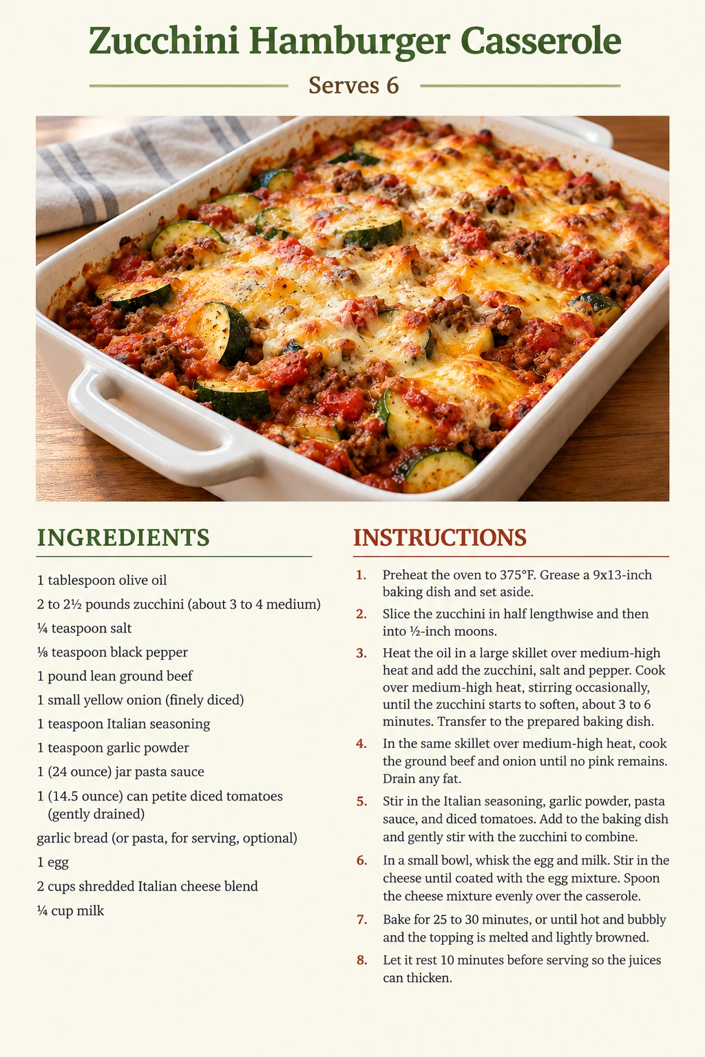 Saved Zucchini Hamburger Casserole recipe card; accessible ingredients and instructions are listed above.