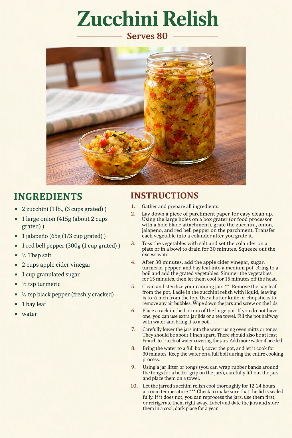 Saved Zucchini Relish recipe card; accessible ingredients and instructions are listed above.