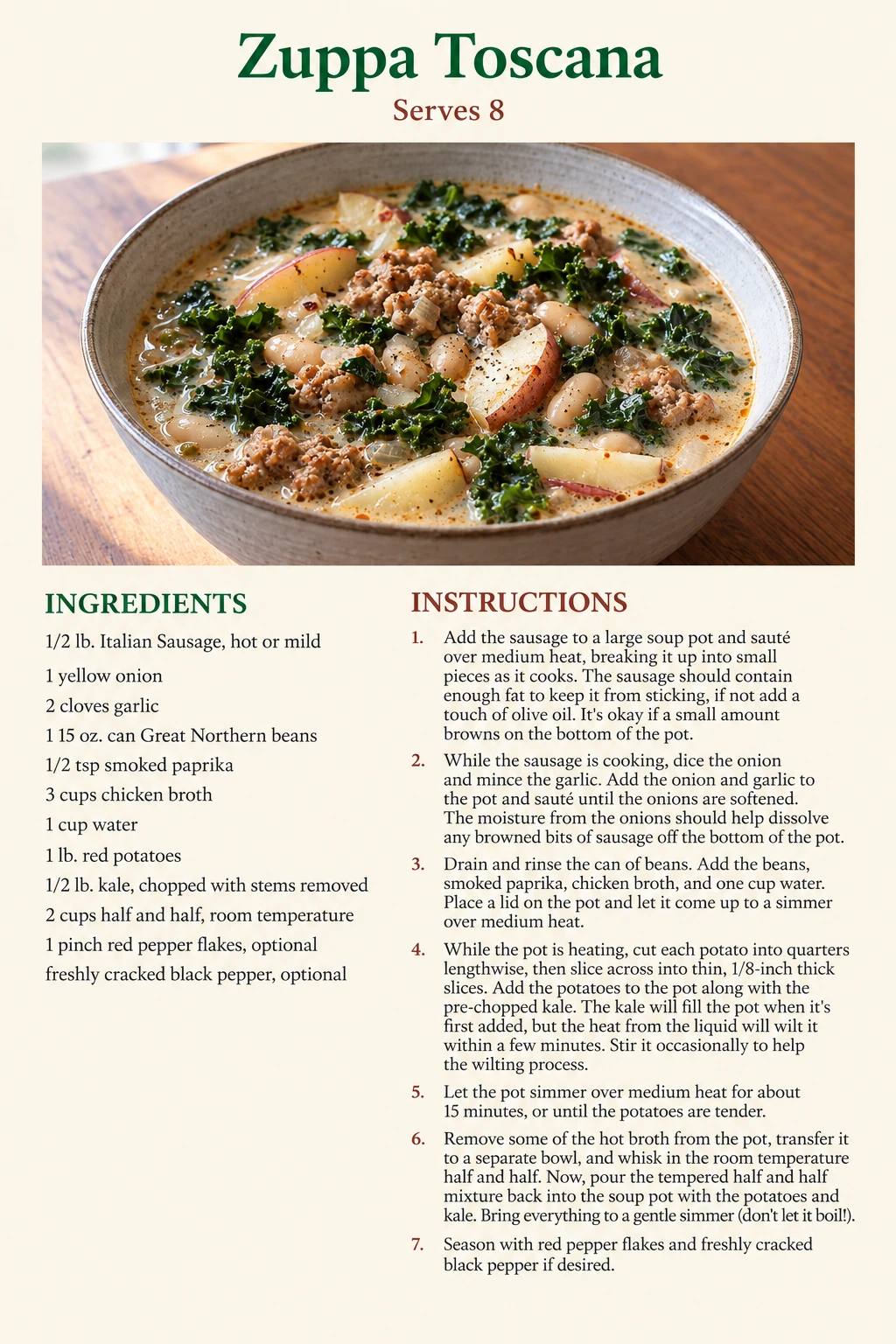 Saved Zuppa Toscana recipe card; accessible ingredients and instructions are listed above.